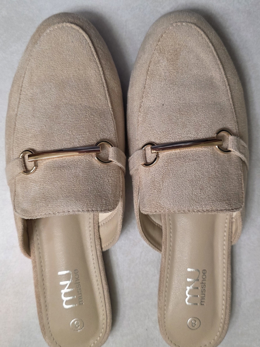 Musshoe Beige Suede Slip-On Loafers with Gold Hardware